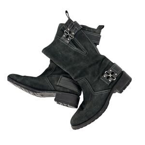 Cole Haan Moto Biker Boots 8.5 Buckle Burnished Suede Charcoal Mid Calf Lug Sole